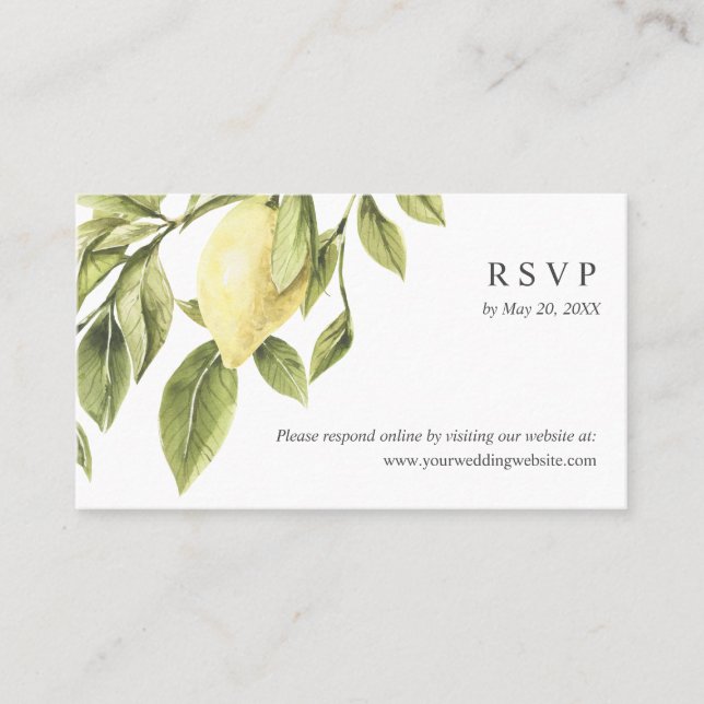 Yellow Lemon  leaves Wedding  RSVP Online Website Business Card (Front)