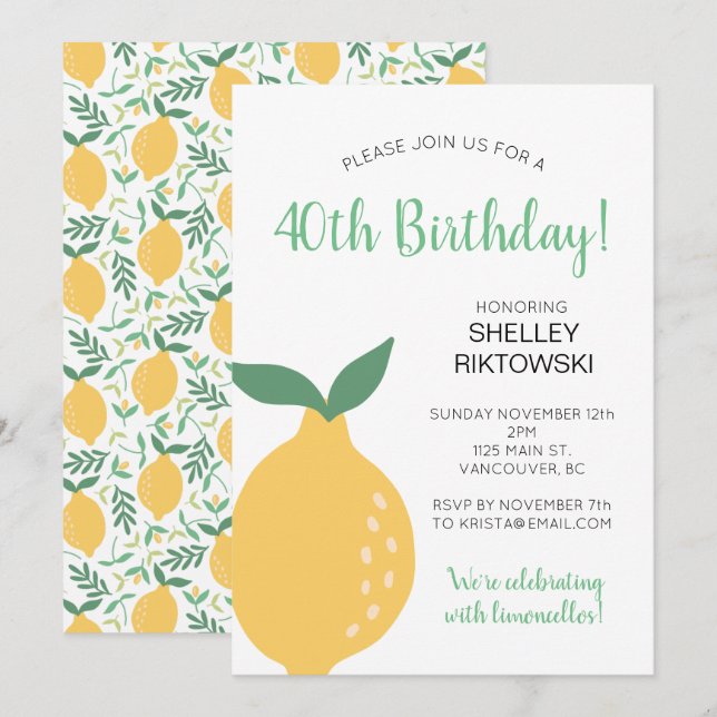 Yellow Lemon Limoncello Womans Birthday Invitation (Front/Back)