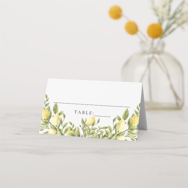 Yellow Lemon Mediterranean Wedding Place Cards (Front)