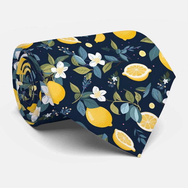 Yellow Lemon On Blue Background Tie (Rolled)