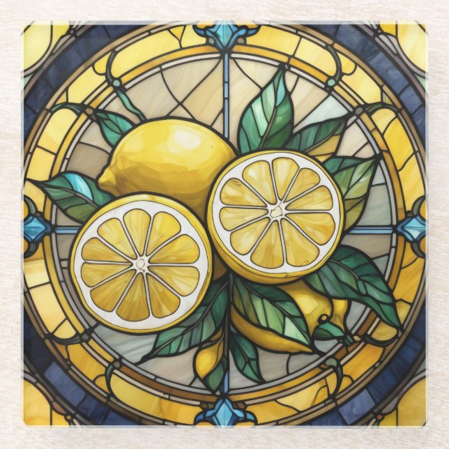 Yellow Lemon on Circle Stained Glass Art Coaster (Front)