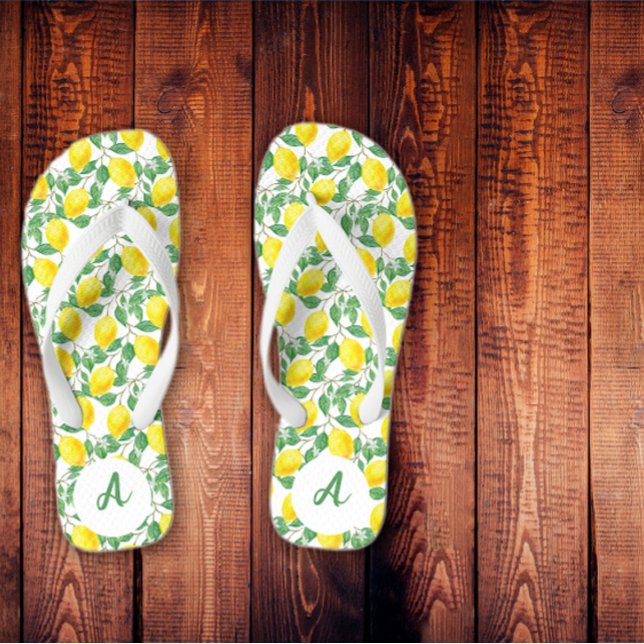 Yellow lemon pattern name green white flip flops (Creator Uploaded)