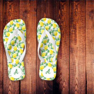 Yellow lemon pattern name green white flip flops