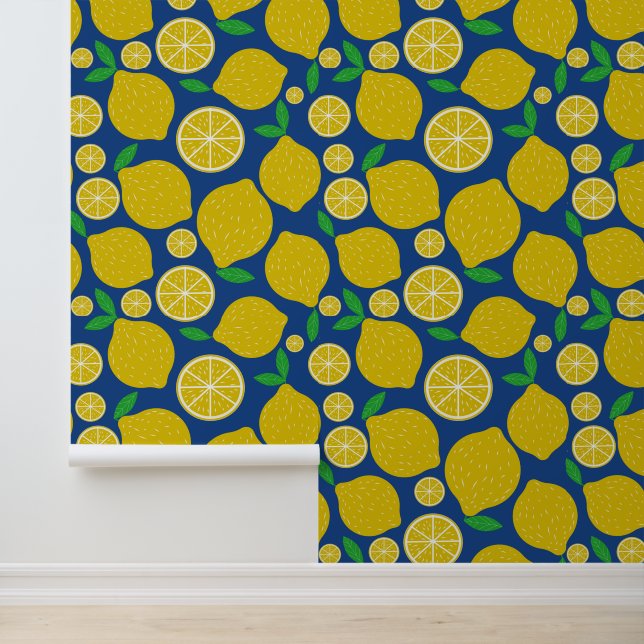 Yellow Lemon  Pattern on Blue  Wallpaper (Application)