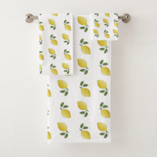 Yellow Lemon Pattern on White Bath Towel Set