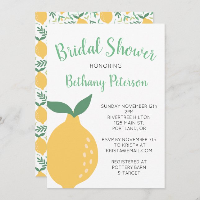 Yellow Lemon Pattern With Name Bridal Shower Invitation (Front/Back)