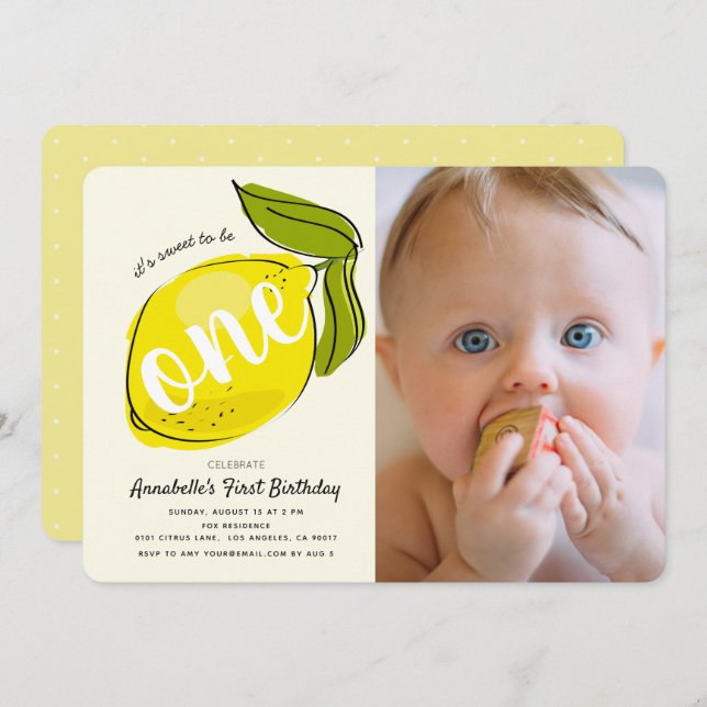 Yellow Lemon Photo 1st Birthday Invitation (Front/Back)