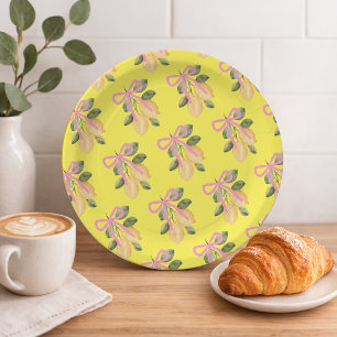 Yellow Lemon Pink Ribbon Baby Shower Paper Plate