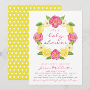 Yellow Lemon Pink Roses Wreath Girl Baby Shower Invitation