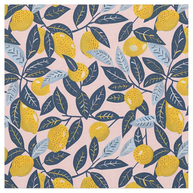 Yellow Lemon Print Fabric Cotton Fabric (Close Up)