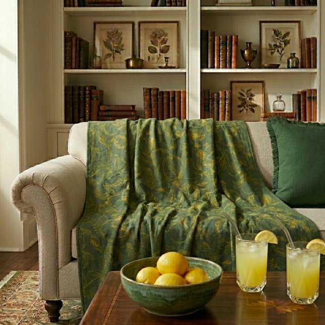 Yellow Lemon Sketch on Dark Green  Fleece Blanket (Creator Uploaded)