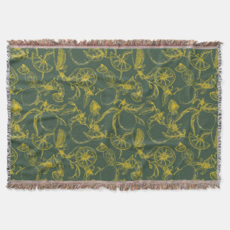 Yellow Lemon Sketch on Dark Green  Throw Blanket