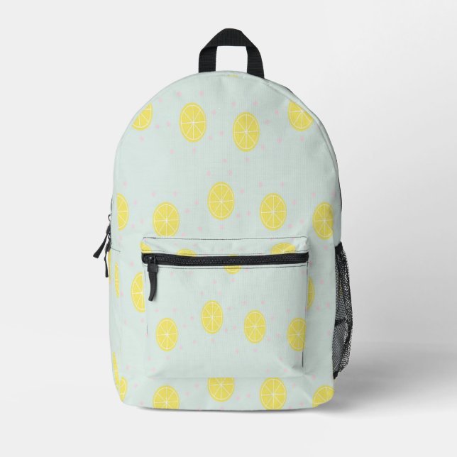 Yellow lemon slices on  blue printed backpack (Front)