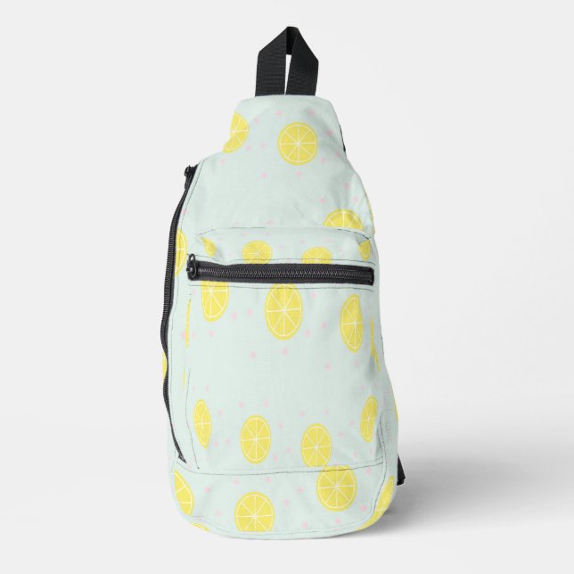 Yellow lemon slices on  blue sling bag (Front)