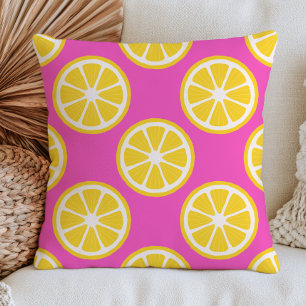 Yellow Lemon Slices on Pastel Pink Citrus Fruit Cushion