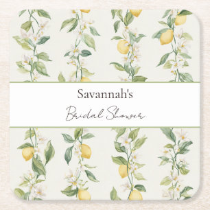 Yellow Lemon Vines Bridal Shower Square Paper Coaster