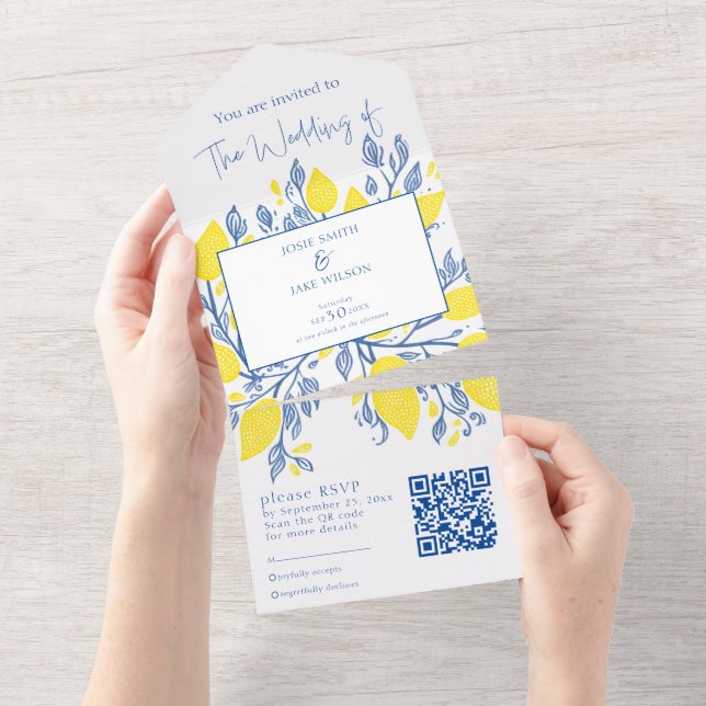 Yellow lemon vines wedding invitation and RSVP (Tearaway)