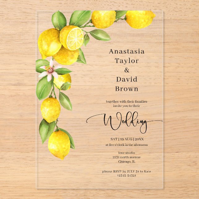 Yellow Lemon  Wedding Acrylic Invitation (Front)