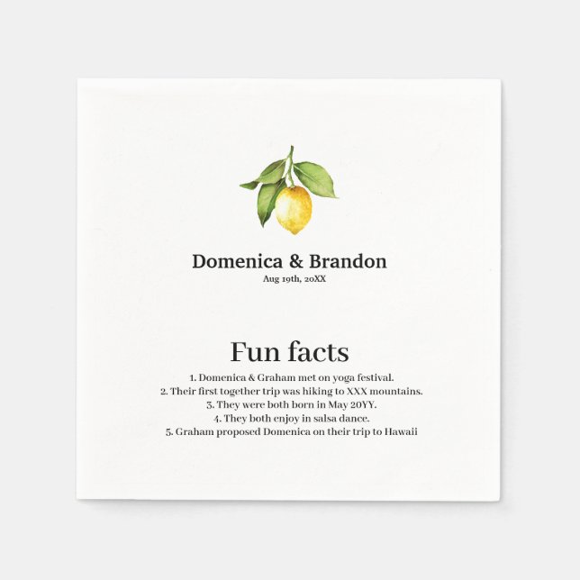 Yellow Lemon Wedding Fun Facts Napkins (Front)