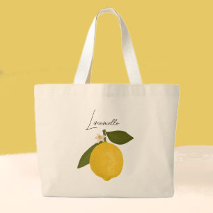 Yellow Lemon with Green Leaves   Fresh Citrus  Large Tote Bag