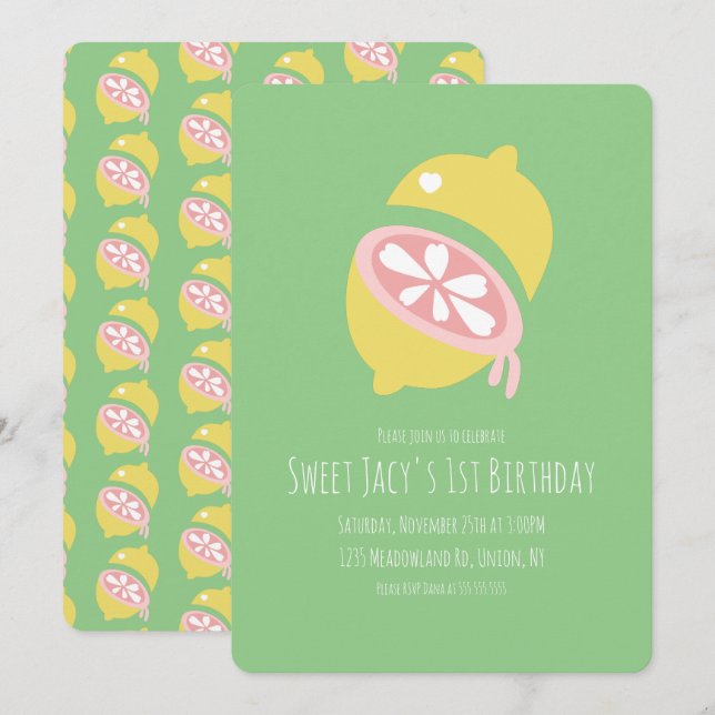 Yellow Lemon with Heart Sweet Birthday Invitation (Front/Back)