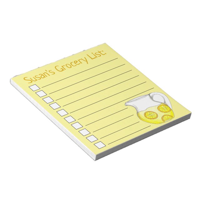 Yellow Lemonade Pitcher Personalised Grocery List Notepad (Angled)