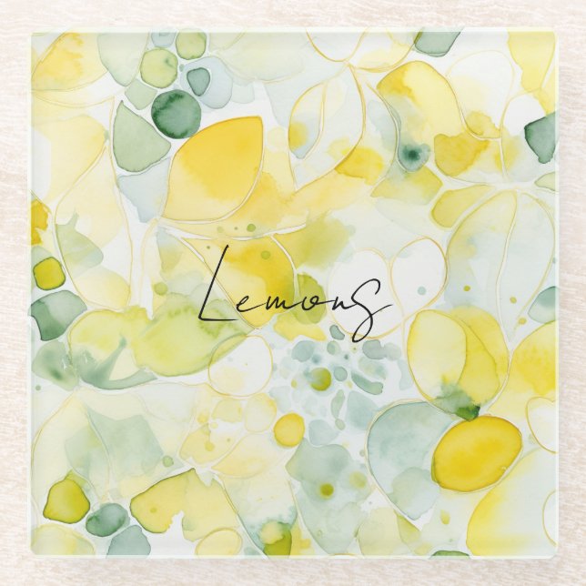 Yellow Lemons Abstract Glass Coaster (Front)