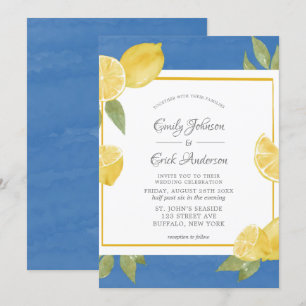 Yellow Lemons and Blue Watercolor Wedding  Invitat Invitation