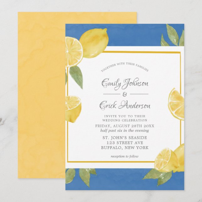 Yellow Lemons and Blue Watercolor Wedding  Invitation (Front/Back)