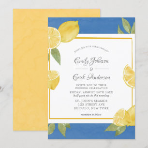 Yellow Lemons and Blue Watercolor Wedding  Invitation