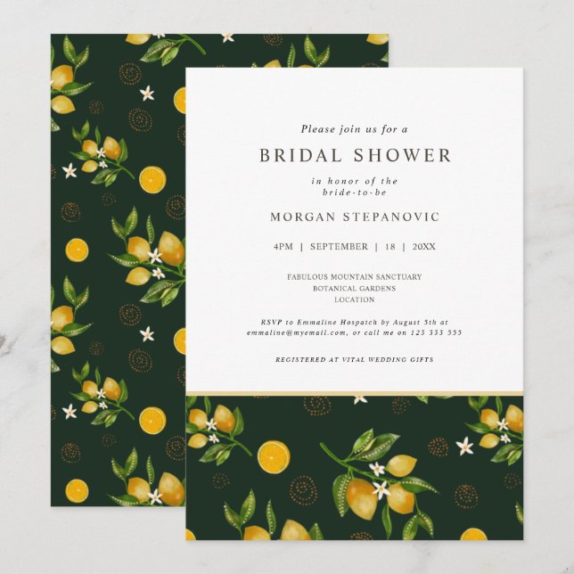 Yellow lemons and greenery bridal shower invitation (Front/Back)