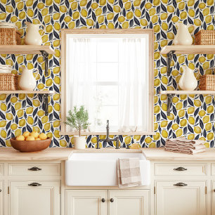 Yellow Lemons and Grey Leaves on White Wallpaper