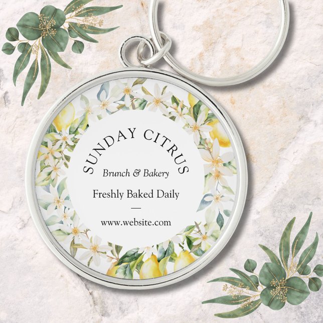 Yellow Lemons and White Flowers Floral Wreath Key Ring (In situ)