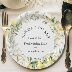 Yellow Lemons and White Flowers Floral Wreath Paper Plate
