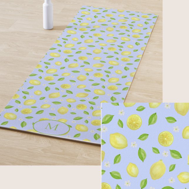Yellow Lemons Blue Custom Monogram Yoga Mat (Creator Uploaded)