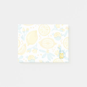 Yellow Lemons & Blue Flowers Illustrated Pattern Post-it Notes