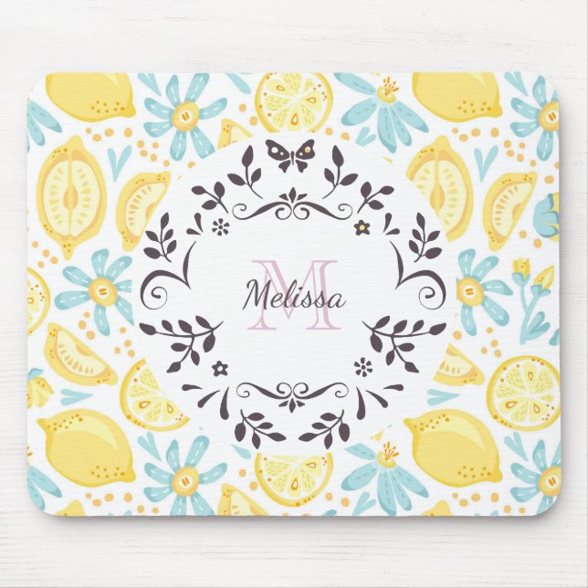 Yellow Lemons & Blue Flowers Monogram & Name Mouse Mat (Front)