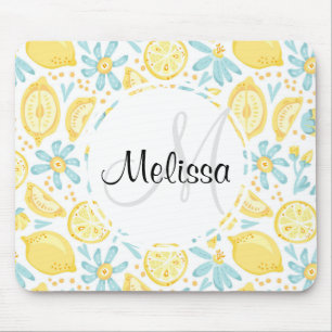 Yellow Lemons & Blue Flowers Pattern Monogram Mouse Mat