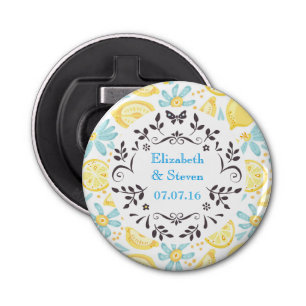 Yellow Lemons & Blue Flowers Wedding Date Bottle Opener
