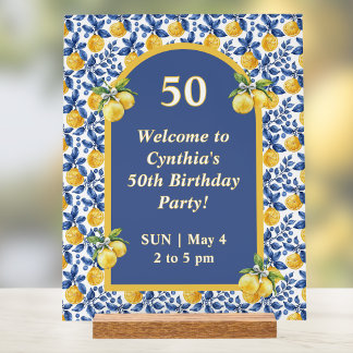Yellow Lemons Blue Mediterranean Amalfi Birthday Acrylic Sign