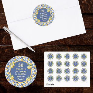 Yellow Lemons Blue Mediterranean Amalfi Birthday Classic Round Sticker