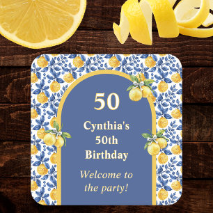 Yellow Lemons Blue Mediterranean Amalfi Birthday Square Paper Coaster
