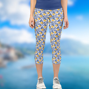 Yellow Lemons Blue Mediterranean Amalfi Coast Capri Leggings
