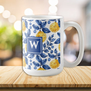 Yellow Lemons Blue Mediterranean Amalfi Initial Coffee Mug