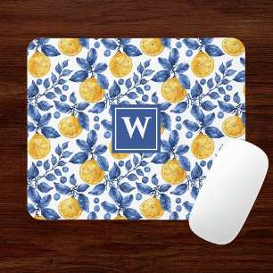 Yellow Lemons Blue Mediterranean Amalfi Initial Mouse Mat