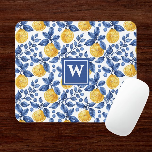 Yellow Lemons Blue Mediterranean Amalfi Initial Mouse Mat (Creator Uploaded)