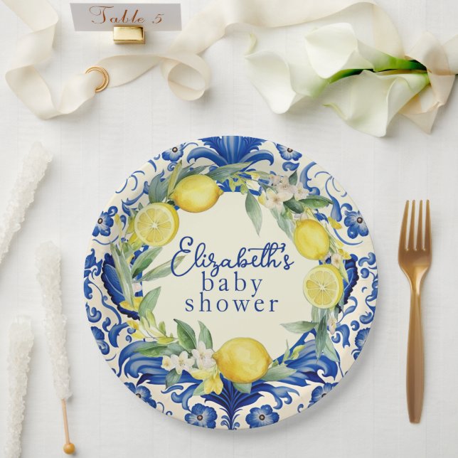 Yellow Lemons Blue Tile Lemon Baby Shower Paper Plate (Wedding)