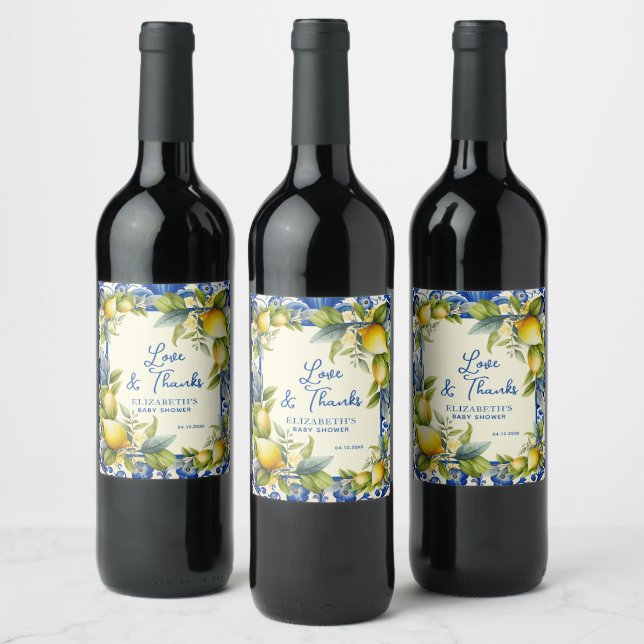 Yellow Lemons Blue Tile Lemon Baby Shower Wine Label (Bottles)