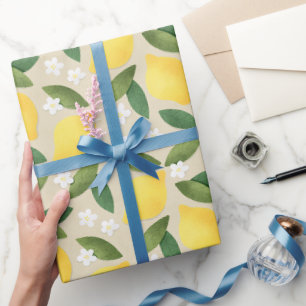 Yellow Lemons, Green Leaves and White Flowers Wrapping Paper