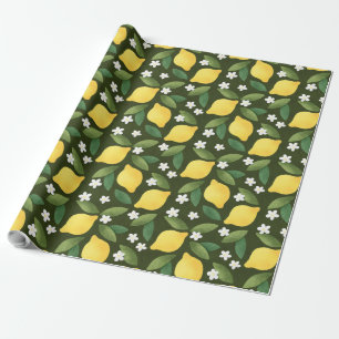 Yellow Lemons, Green Leaves and White Flowers Wrapping Paper